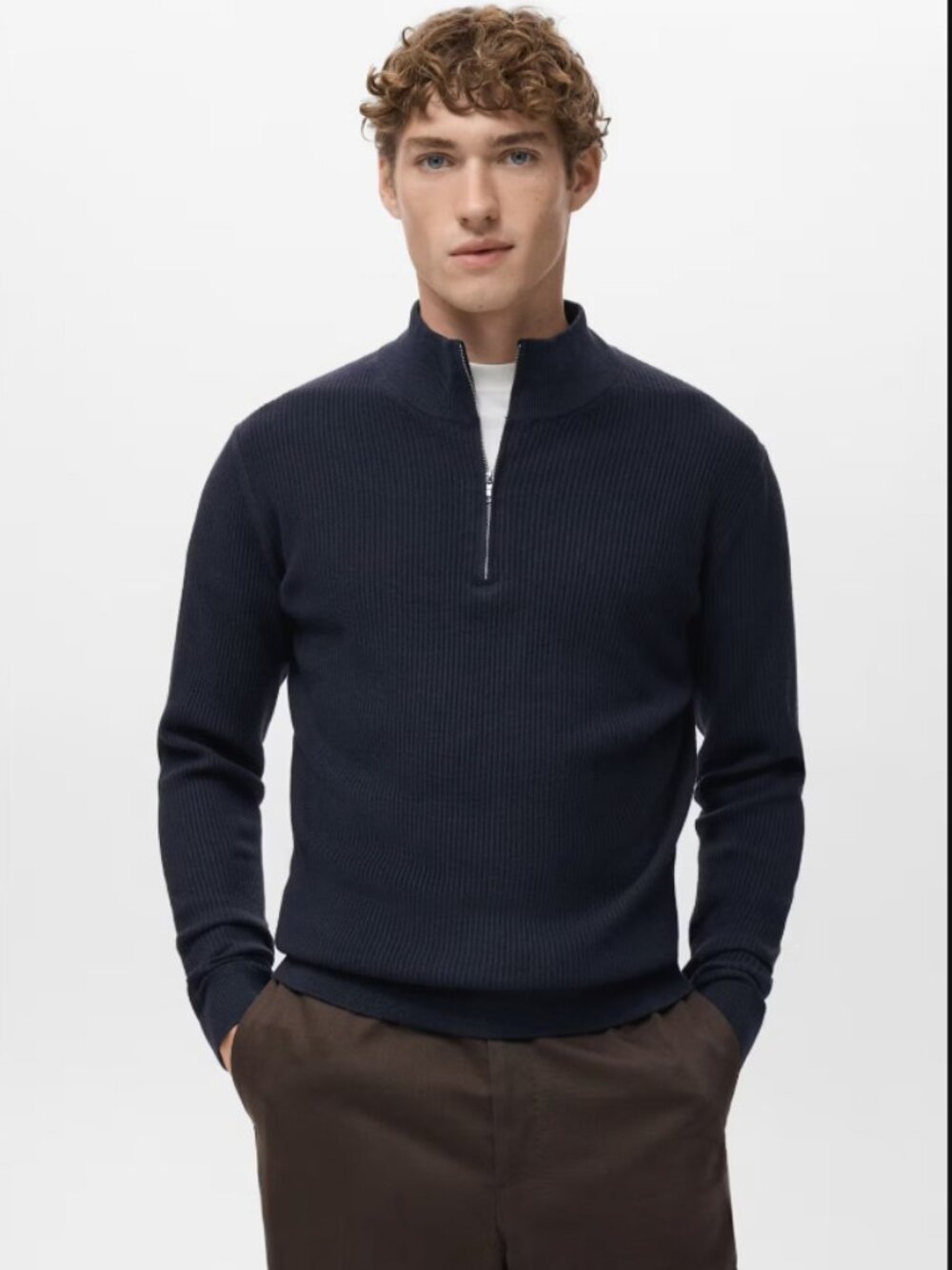 Mango Men's Ribbed Sweater with Zip Neck | Small